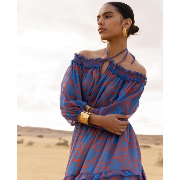 Mallory The Label Ramla Tiered Off Shoulder Maxi Dress S/M Blue Orange Floral - Picture 9 of 9